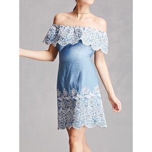 Lulumari Chambray Embroidered Off  Shoulder Dress​​​​​
